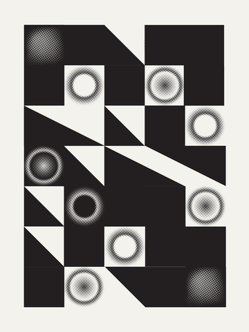 Grafisches Muster in Schwarz und Weiß mit Quadraten, Kreisen und Dreiecken.