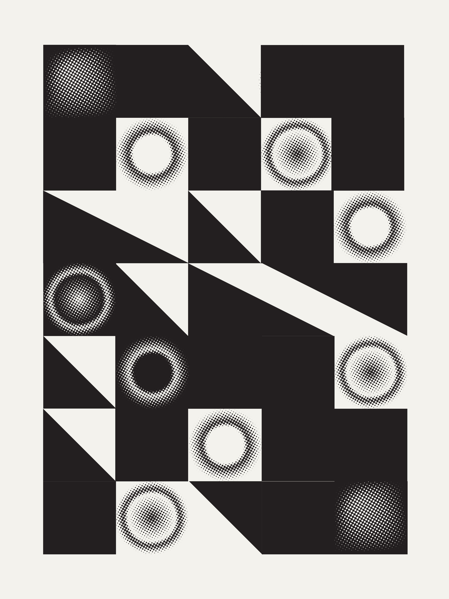 Grafisches Muster in Schwarz und Weiß mit Quadraten, Kreisen und Dreiecken.