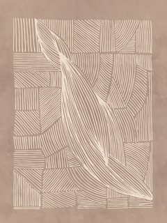 Grafische Illustration eines großen Blattes in Weiß auf braunem Hintergrund mit abstraktem Muster.