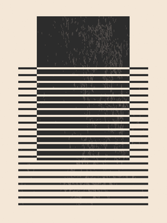 Grafische Illustration mit einem schwarzen Quadrat und horizontalen Streifen auf beigem Hintergrund.