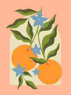 Grafische Illustration von Orangen, grünen Blättern und blauen Blüten auf beigem Hintergrund mit rosa Akzent.