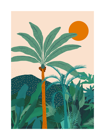 Illustration einer Palme in einer grünen Landschaft mit einer orangefarbenen Sonne im Hintergrund.