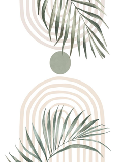 Grafische Illustration mit zwei Palmblättern vor einem beigen Bogen und einem grünen Kreis auf weißem Hintergrund.