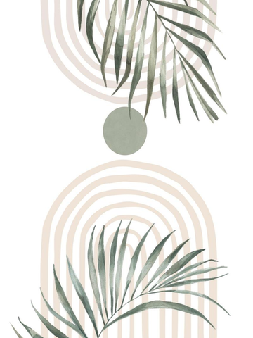 Grafische Illustration mit zwei Palmblättern vor einem beigen Bogen und einem grünen Kreis auf weißem Hintergrund.