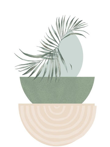 Grafische Illustration eines Palmzweigs vor abstrakten Formen in Grün und Beige auf weißem Hintergrund.