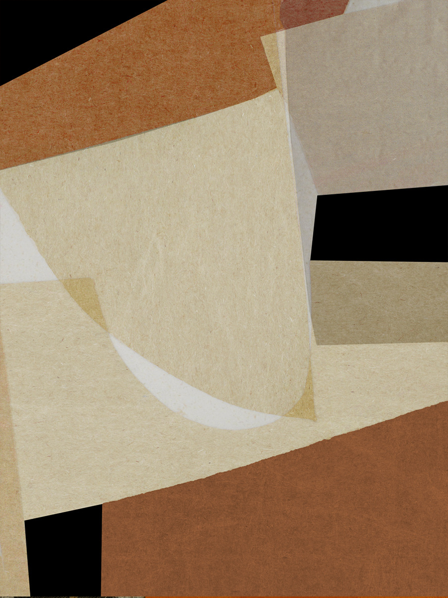 Grafische Collage mit Formen in Beige und Braun auf schwarzem Hintergrund.