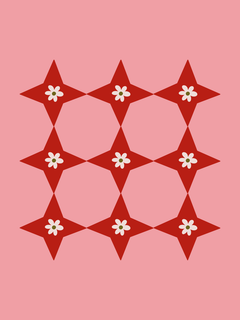 Grafische Illustration mit kleinen weißen Blumen in roten Sternen auf rosa Hintergrund.