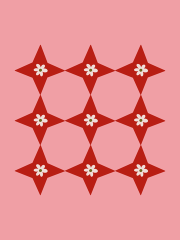 Grafische Illustration mit kleinen weißen Blumen in roten Sternen auf rosa Hintergrund.