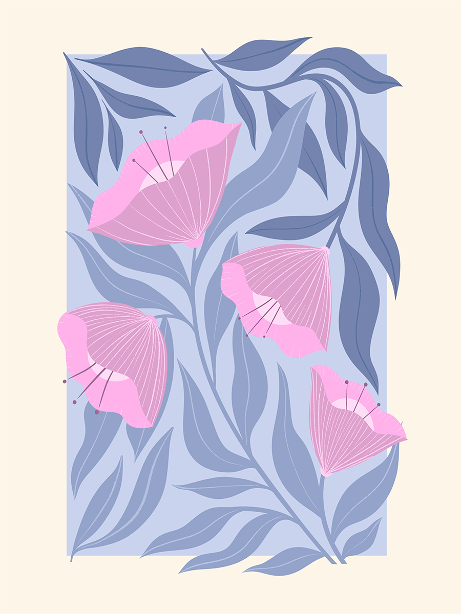 Grafische Illustration mit rosa Blüten und blauen Blättern vor einem hellbeigen Hintergrund.