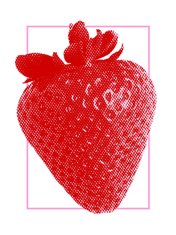 Grafische Illustration einer roten Erdbeere auf weißem Hintergrund mit rosa Quadrat.