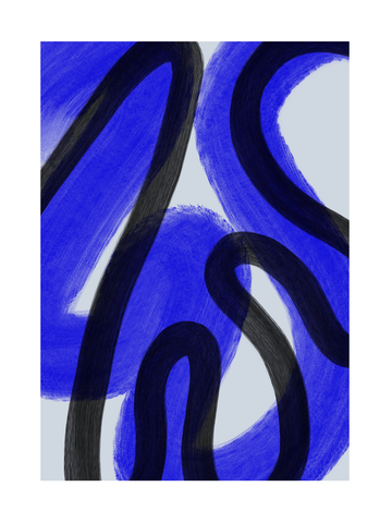 Grafische Illustration mit schwarzen und blauen Strichen auf grauem Hintergrund.