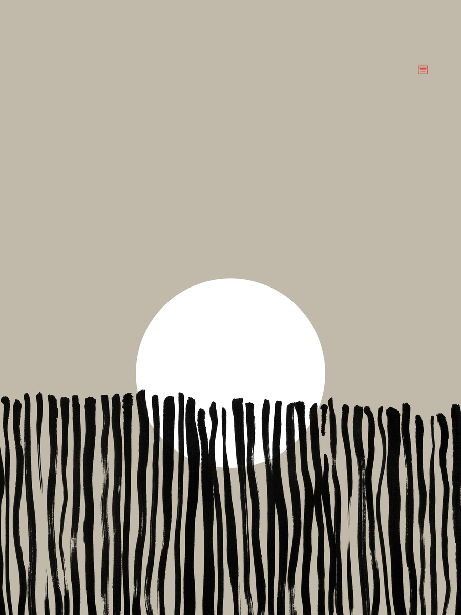 Grafische Illustration einer weißen Sonne hinter schwarzen Grashalmen vor einem beigen Hintergrund.