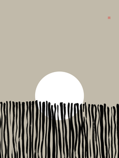Grafische Illustration einer weißen Sonne hinter schwarzen Grashalmen vor einem beigen Hintergrund.