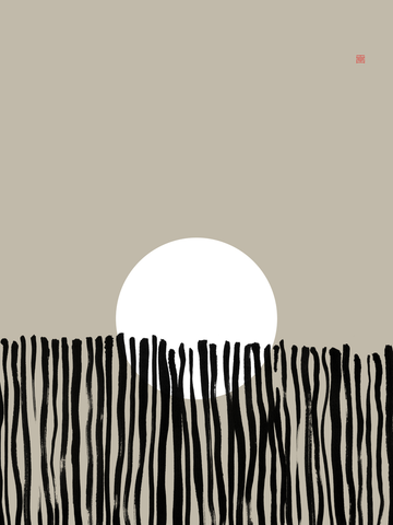 Grafische Illustration einer weißen Sonne hinter schwarzen Grashalmen vor einem beigen Hintergrund.