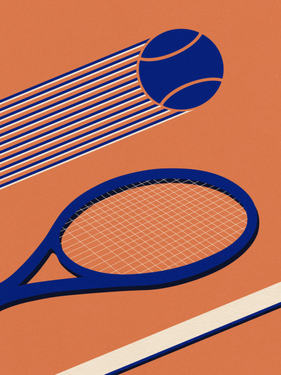 Grafische Illustration eines blauen Tennisschlägers und Tennisballs auf einem orangefarbenen Hintergrund.