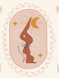 Grafische Illustration einer Figur in Yoga-Pose, umgeben von Sternen und Pflanzen, vor beigem Hintergrund.