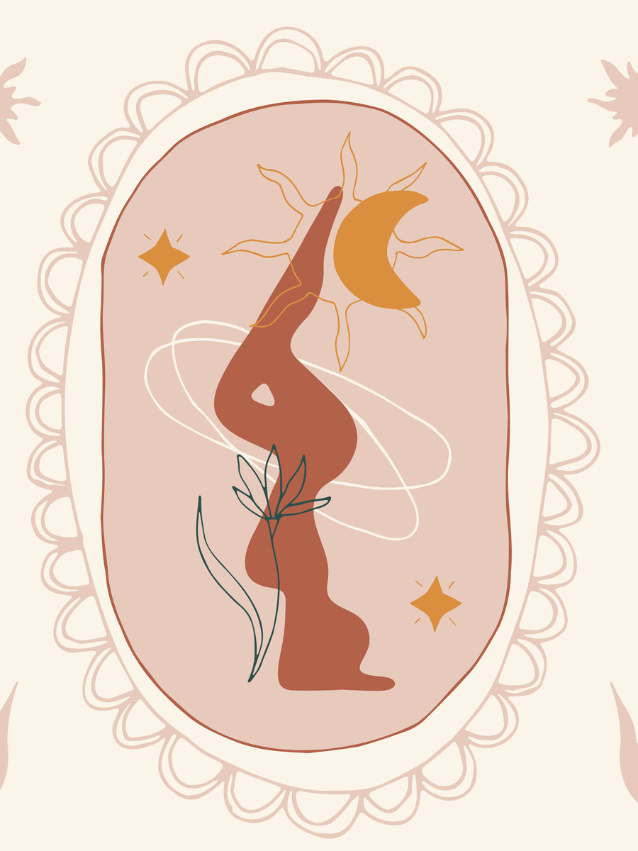 Grafische Illustration einer Figur in Yoga-Pose, umgeben von Sternen und Pflanzen, vor beigem Hintergrund.