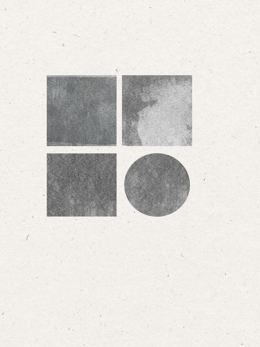 Grafische Illustration mit abstrakten schwarzen Formen auf beigem Hintergrund.