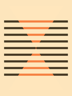 Grafische Illustration mit schwarzen und orangefarbenen Streifen und Dreiecken auf beigem Hintergrund.