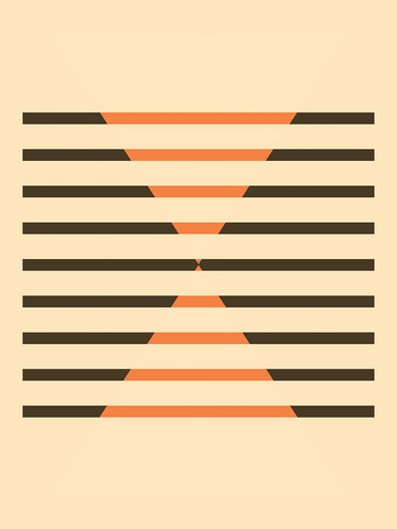 Grafische Illustration mit schwarzen und orangefarbenen Streifen und Dreiecken auf beigem Hintergrund.