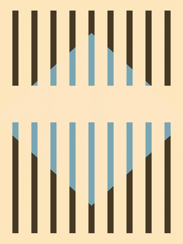 Grafische Illustration mit schwarzen und blauen Streifen auf beigem Hintergrund.
