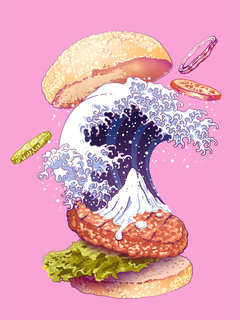 Illustration eines Burgers mit einer Welle im Inneren auf rosa Hintergrund.