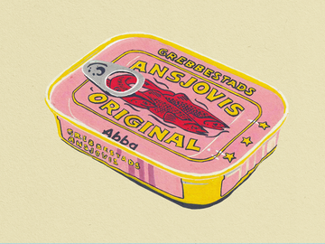 Illustration einer Dose Grebbestad Ansjovis in Gelb und Rosa mit rotem Fisch.