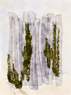 Abstrakte Malerei mit grünen und lila Formen auf hellbeigem Hintergrund.