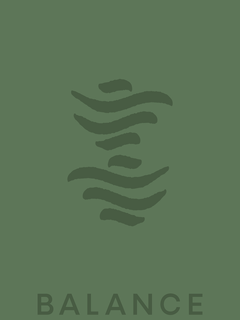 Grafische Illustration mit wellenförmigem Symbol und dem Wort "Balance" auf grünem Hintergrund.