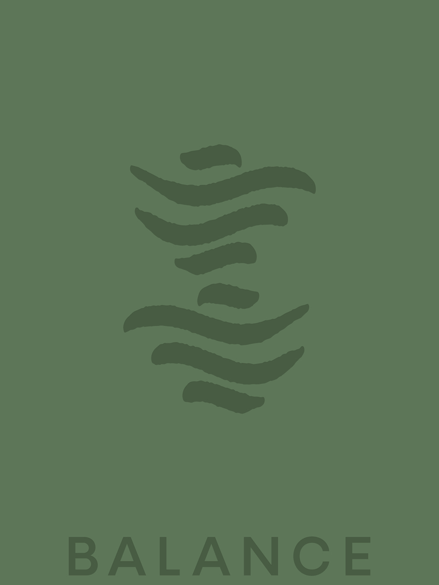 Grafische Illustration mit wellenförmigem Symbol und dem Wort "Balance" auf grünem Hintergrund.