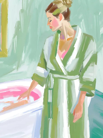 Illustration einer Frau in einem grünen Bademantel vor einer Badewanne mit rosa Wasser.