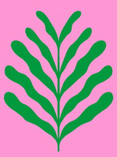 Grafisches grünes Blatt auf rosa Hintergrund.