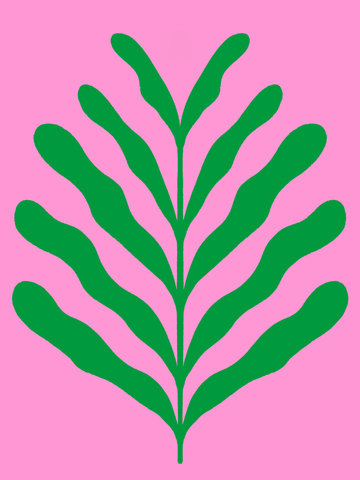 Grafisches grünes Blatt auf rosa Hintergrund.