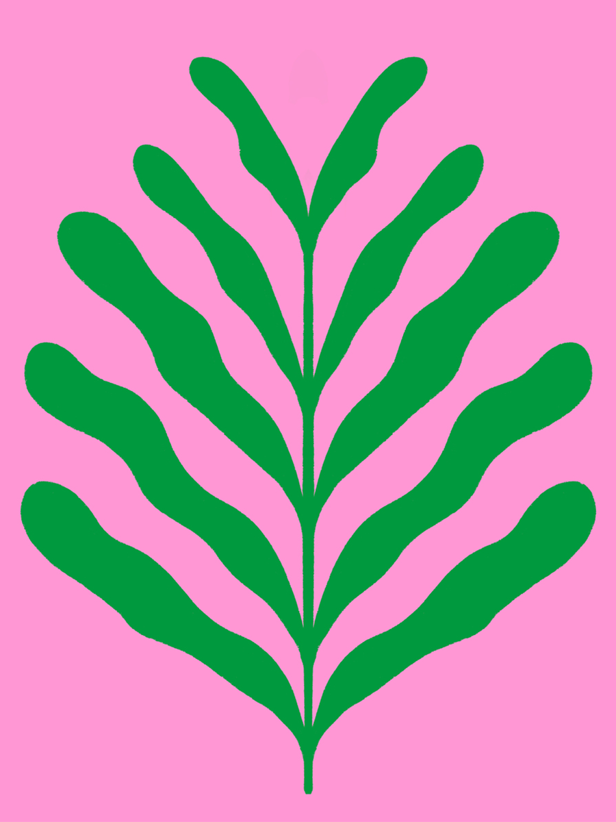 Grafisches grünes Blatt auf rosa Hintergrund.