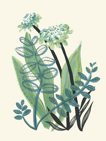 Illustration von grünen Pflanzen mit beigen Blüten vor einem hellen Hintergrund.