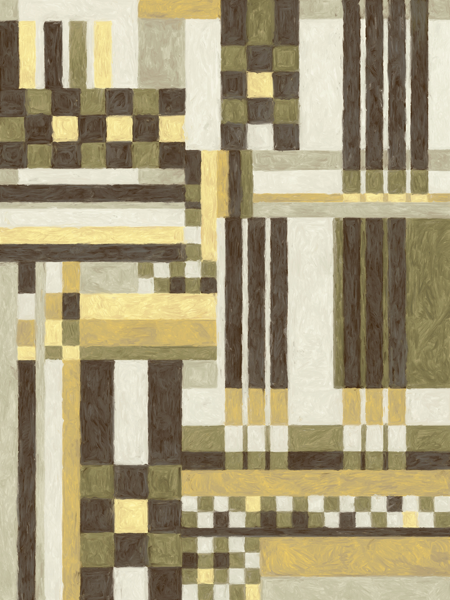 Ein Gemälde mit einem quadratischen Muster in Grün, Braun und Gelb.