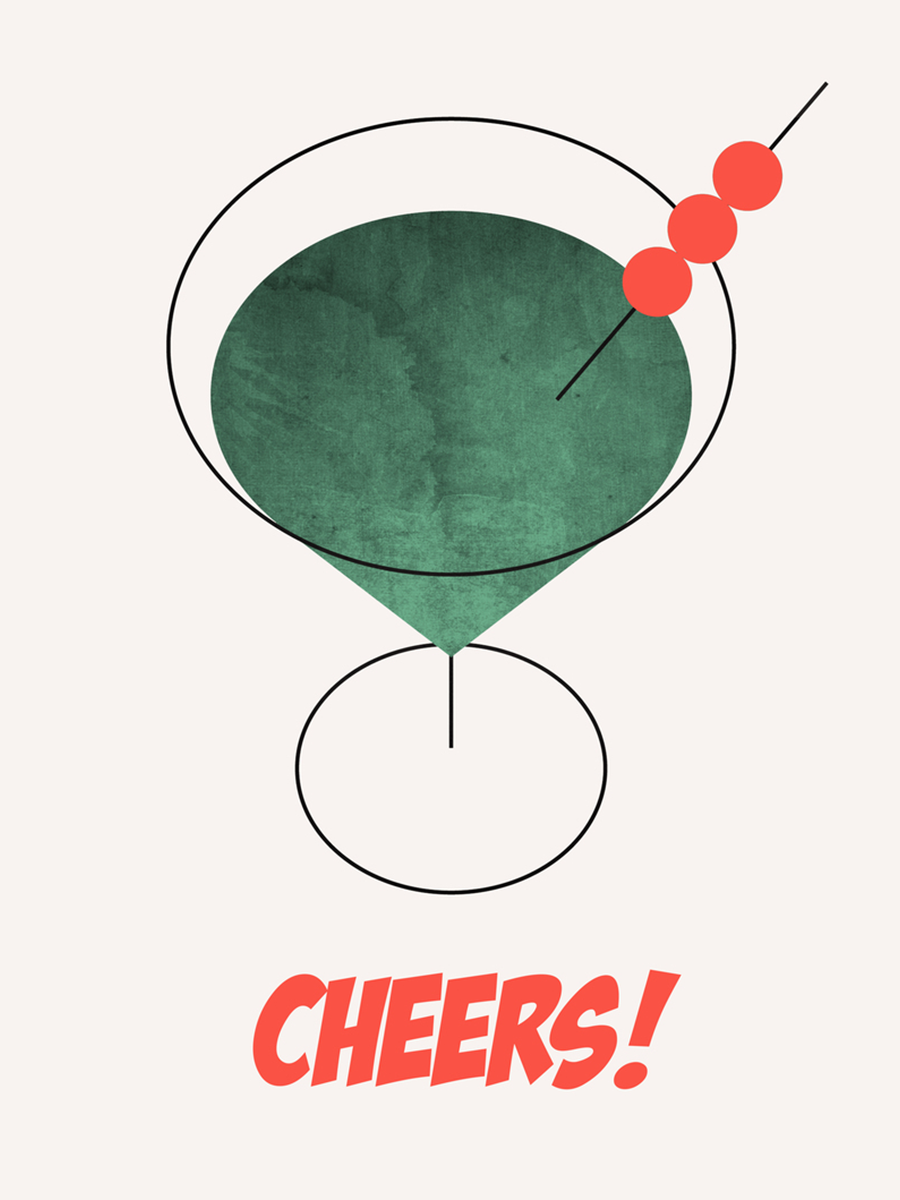 Grafische Illustration eines grünen Cocktails mit roten Oliven und dem Text "CHEERS!" auf hellbeigem Hintergrund.