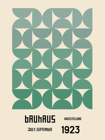 Grafisches Poster mit grünen geometrischen Formen und Text zur Bauhaus-Ausstellung 1923 auf beigem Hintergrund.