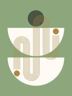 Grafik mit Kreisen und Linien in Grün, Gold und Weiß auf grünem Hintergrund.