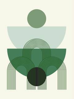 Grafische Illustration mit grünen Formen und Linien auf hellem Hintergrund.