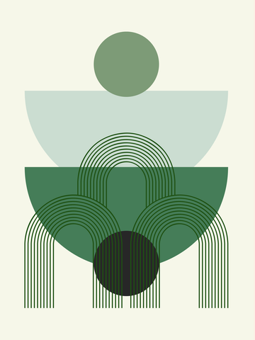 Grafische Illustration mit grünen Formen und Linien auf hellem Hintergrund.