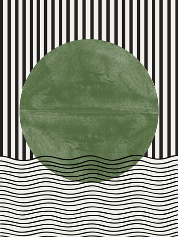 Grafische Illustration mit einer grünen Sonne vor einem gestreiften Hintergrund und wellenförmigen Linien unten.