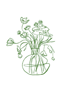 Illustration von Blumen in einer Vase mit grünen Linien auf weißem Hintergrund.