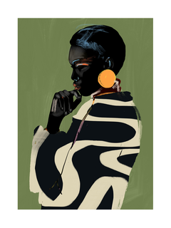 Illustration einer Frau in einem schwarz-weiß gemusterten Mantel und goldenen Ohrringen vor einem grünen Hintergrund.