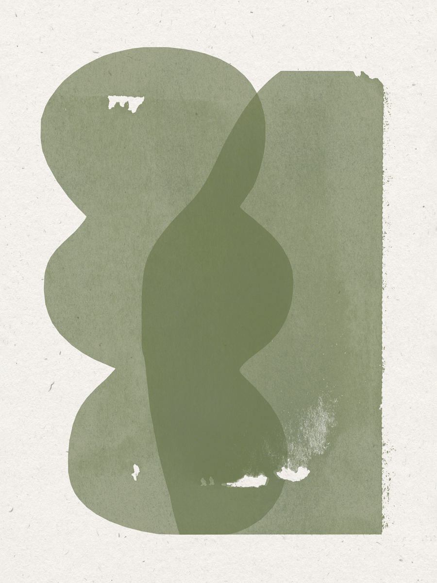 Grafische Illustration mit einer abstrakten grünen Figur auf hellgrauem Hintergrund.