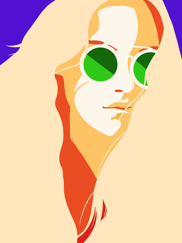 Grafische Illustration einer Frau mit grünen Sonnenbrillen vor lila Hintergrund.