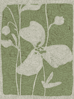 Grüne Illustration mit Blumen und Blättern in handgemaltem Stil.