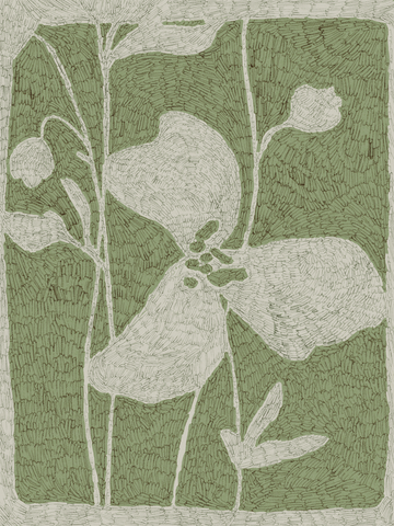 Grüne Illustration mit Blumen und Blättern in handgemaltem Stil.