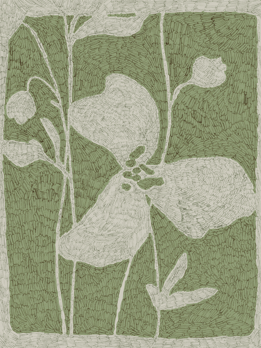 Grüne Illustration mit Blumen und Blättern in handgemaltem Stil.