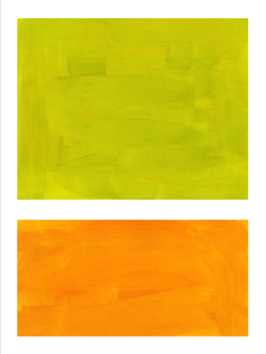 Abstrakte Kunst mit grünem und orangem Quadrat auf weißem Hintergrund.
